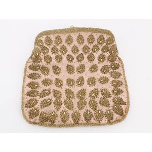 Vintage Monet Custom Tailors Pink Satin Gold Beaded Leaf Evening Clutch Bag